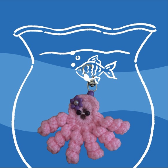 Handmade up-cycled octopus keyring,  bag charm - Picture 2 of 3